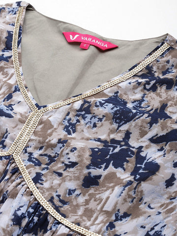 Varanga Women Navy Blue Floral Printed V-Neck Anarkali Kurta Paired With Dupatta